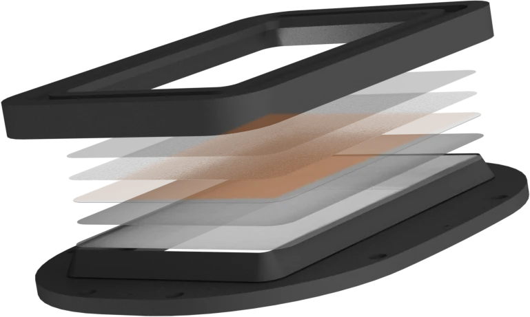 Exploded render of Gomicron’s printing tray showing its frame and membrane layers